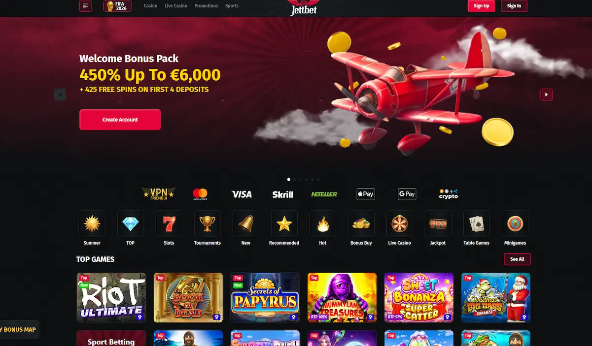 Jettbet Casino-Startseite mit Spielübersicht