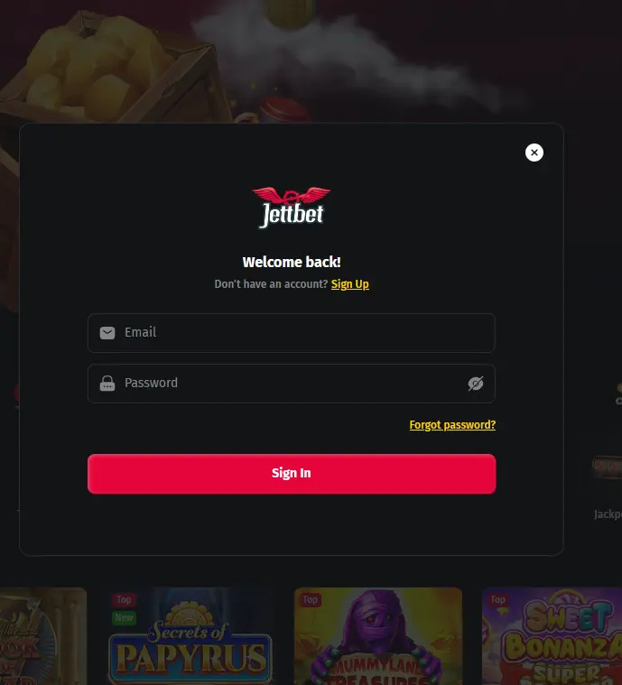 Jettbet Login-Maske am PC